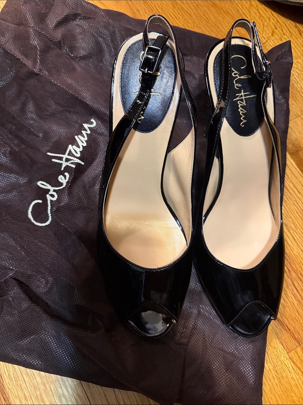 Cole Haan Black Patent Leather Peep-Toe Slingback Heels